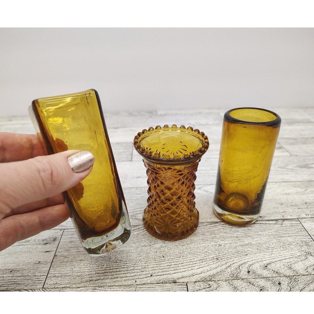 Bundle of 3 pcs - Amber Glassware- 2 Shot Glasses and 1 Toothpick Holder